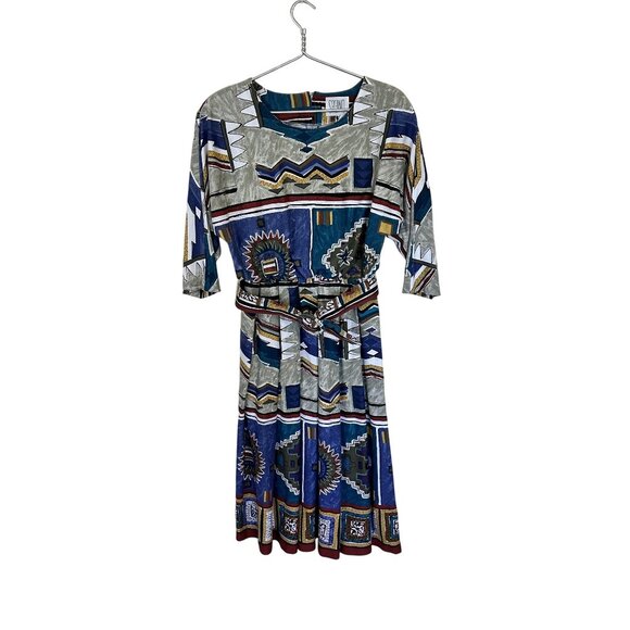Vtg Womens Midi Dress Western 80s Belted Aztec Multicolor Fit to Flare Rodeo XL - Picture 1 of 13